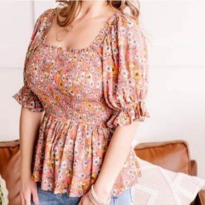 NWOT! Floral Smocked Peplum Top